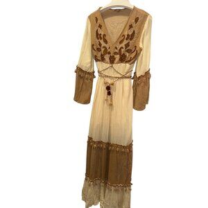 Golden Days PARIS FALL brown tan cream Beaded embroidered Prairie maxi dress M
